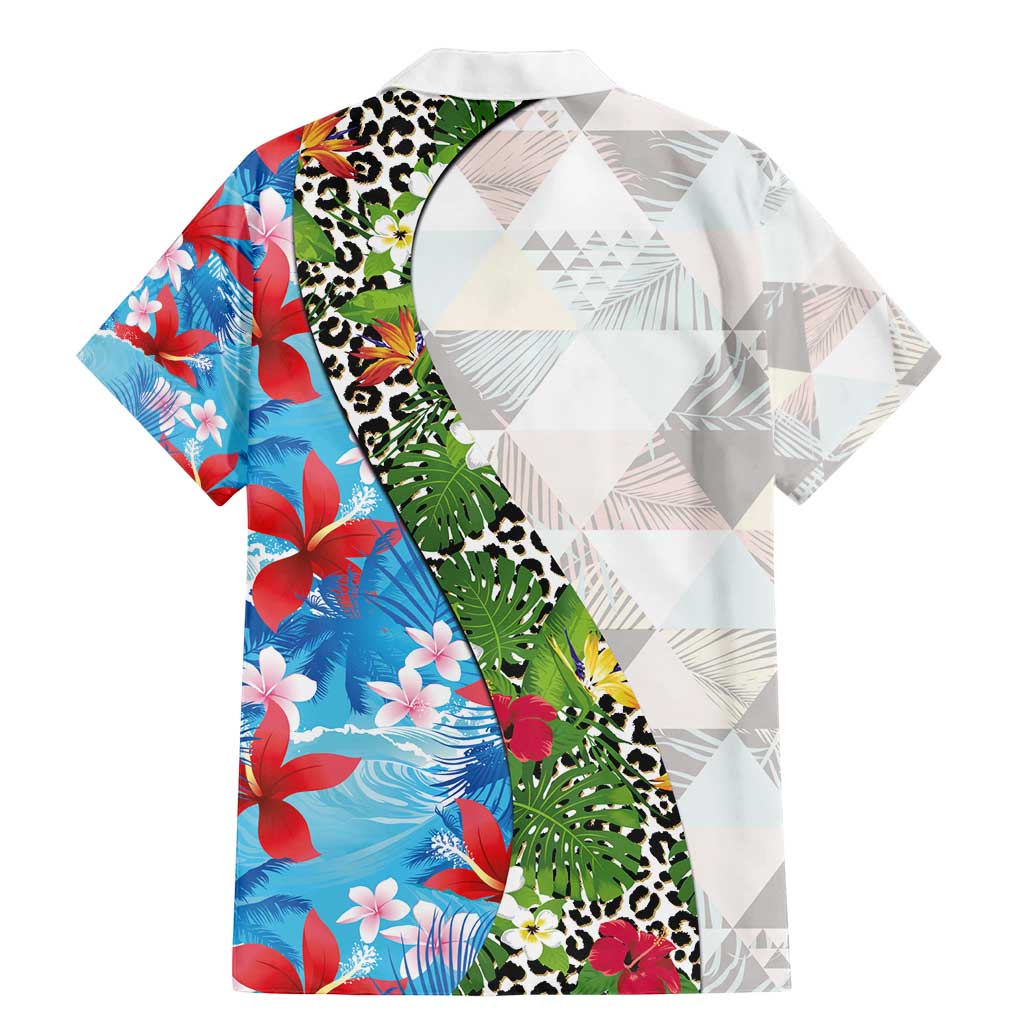Hawaiian Tropical Flowers and Leaves Family Matching Mermaid Dress and Hawaiian Shirt on Leopard Pattern Half Style White-Blue Version - Polynesian Pride