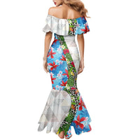 Hawaiian Tropical Flowers and Leaves Family Matching Mermaid Dress and Hawaiian Shirt on Leopard Pattern Half Style White-Blue Version - Polynesian Pride