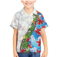 Hawaiian Tropical Flowers and Leaves Family Matching Mermaid Dress and Hawaiian Shirt on Leopard Pattern Half Style White-Blue Version - Polynesian Pride