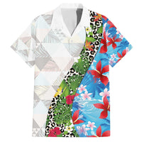 Hawaiian Tropical Flowers and Leaves Family Matching Off The Shoulder Long Sleeve Dress and Hawaiian Shirt on Leopard Pattern Half Style White-Blue Version - Polynesian Pride