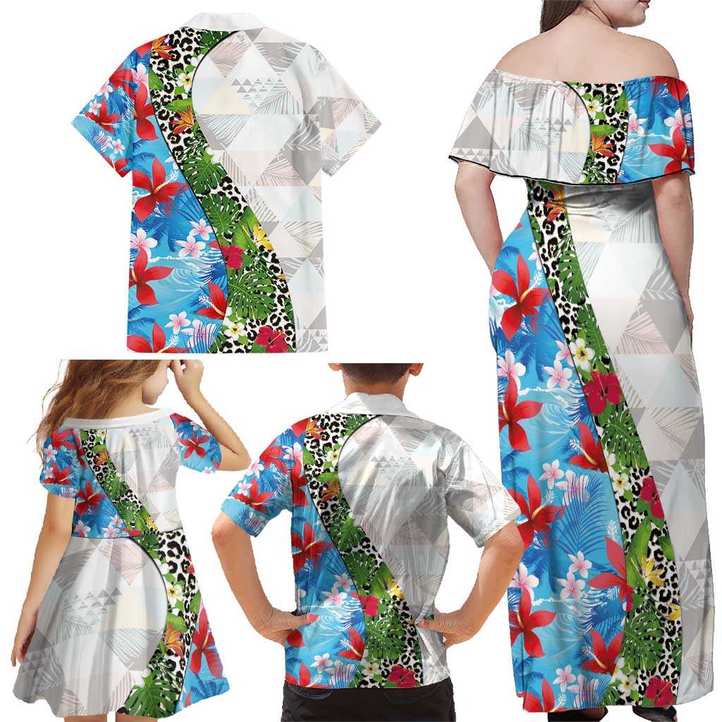Hawaiian Tropical Flowers and Leaves Family Matching Off Shoulder Maxi Dress and Hawaiian Shirt on Leopard Pattern Half Style White-Blue Version - Polynesian Pride