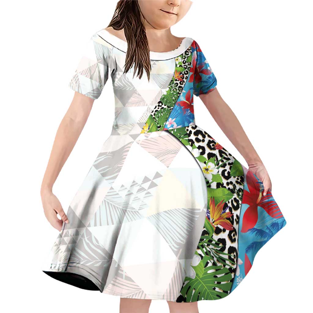Hawaiian Tropical Flowers and Leaves Family Matching Off Shoulder Short Dress and Hawaiian Shirt on Leopard Pattern Half Style White-Blue Version - Polynesian Pride