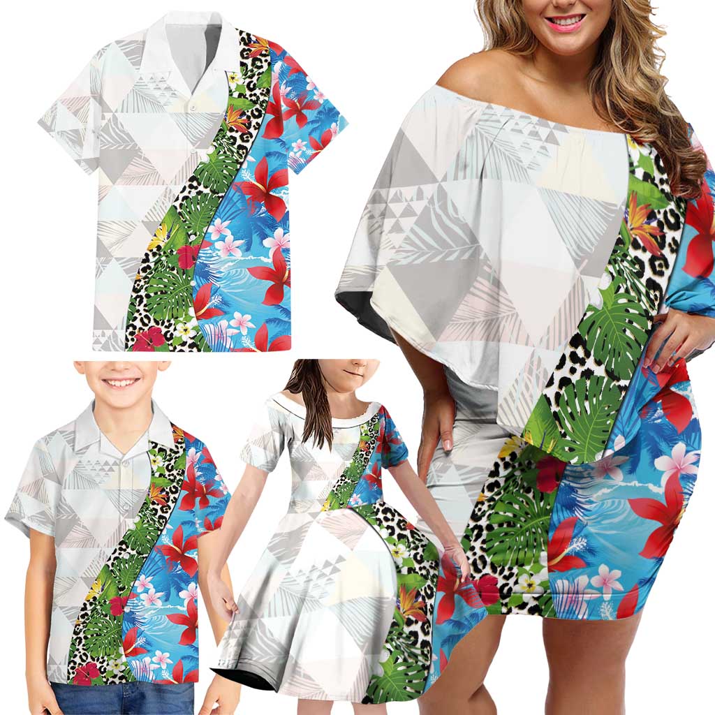 Hawaiian Tropical Flowers and Leaves Family Matching Off Shoulder Short Dress and Hawaiian Shirt on Leopard Pattern Half Style White-Blue Version - Polynesian Pride