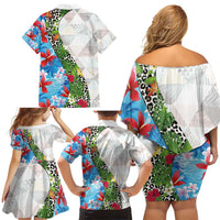 Hawaiian Tropical Flowers and Leaves Family Matching Off Shoulder Short Dress and Hawaiian Shirt on Leopard Pattern Half Style White-Blue Version - Polynesian Pride