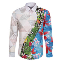 Hawaiian Tropical Flowers and Leaves Family Matching Puletasi and Hawaiian Shirt on Leopard Pattern Half Style White-Blue Version - Polynesian Pride