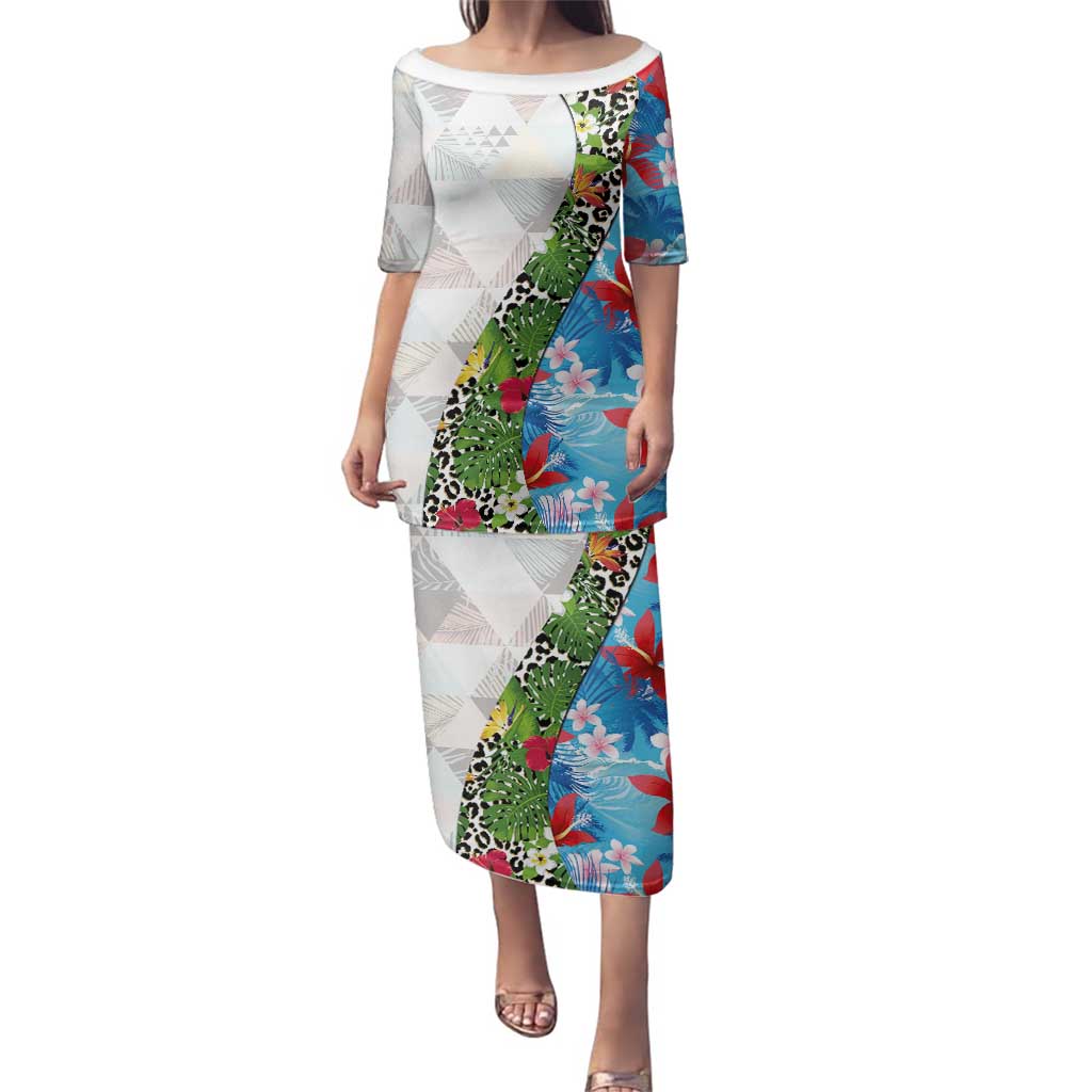 Hawaiian Tropical Flowers and Leaves Family Matching Puletasi and Hawaiian Shirt on Leopard Pattern Half Style White-Blue Version - Polynesian Pride