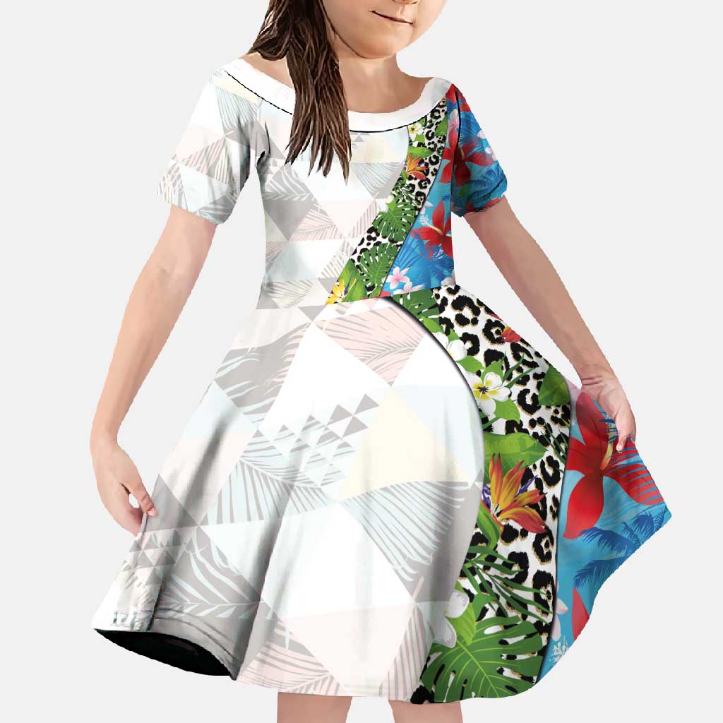 Hawaiian Tropical Flowers and Leaves Family Matching Short Sleeve Bodycon Dress and Hawaiian Shirt on Leopard Pattern Half Style White-Blue Version - Polynesian Pride