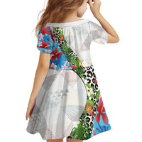 Hawaiian Tropical Flowers and Leaves Family Matching Short Sleeve Bodycon Dress and Hawaiian Shirt on Leopard Pattern Half Style White-Blue Version - Polynesian Pride