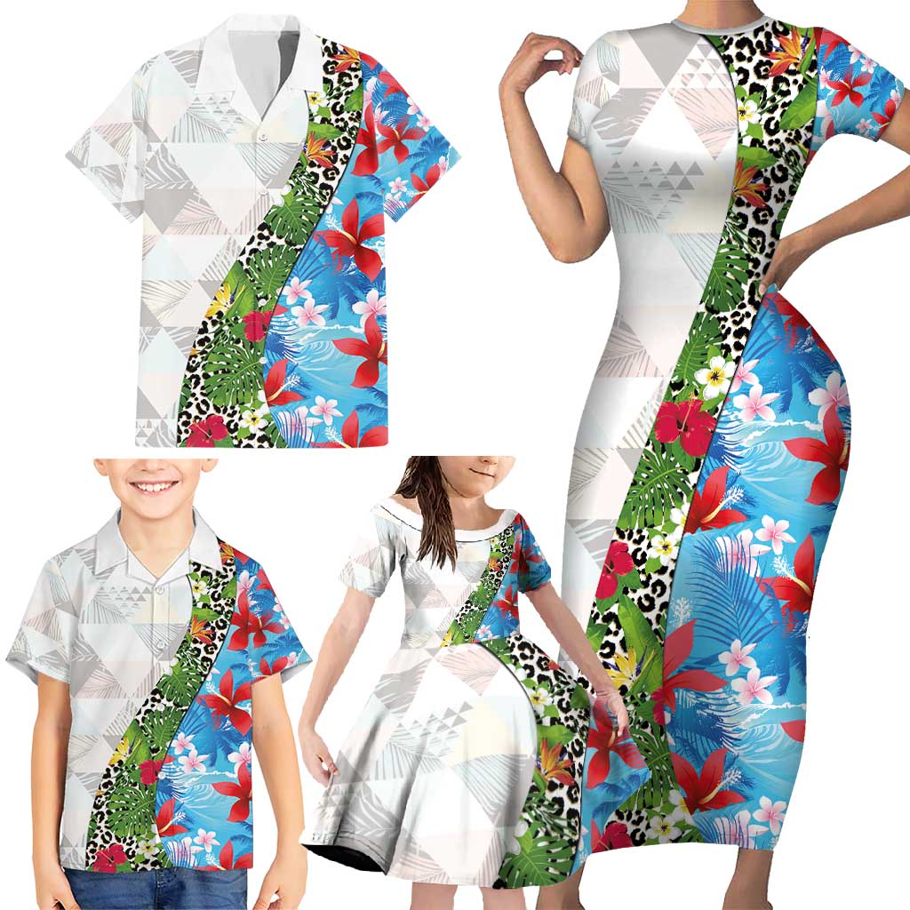 Hawaiian Tropical Flowers and Leaves Family Matching Short Sleeve Bodycon Dress and Hawaiian Shirt on Leopard Pattern Half Style White-Blue Version - Polynesian Pride