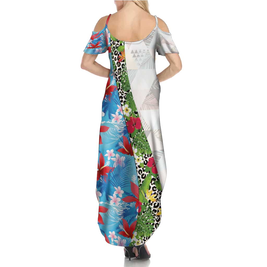 Hawaiian Tropical Flowers and Leaves Family Matching Summer Maxi Dress and Hawaiian Shirt on Leopard Pattern Half Style White-Blue Version - Polynesian Pride