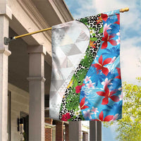Hawaiian Tropical Flowers and Leaves Garden Flag on Leopard Pattern Half Style White-Blue Version - Polynesian Pride