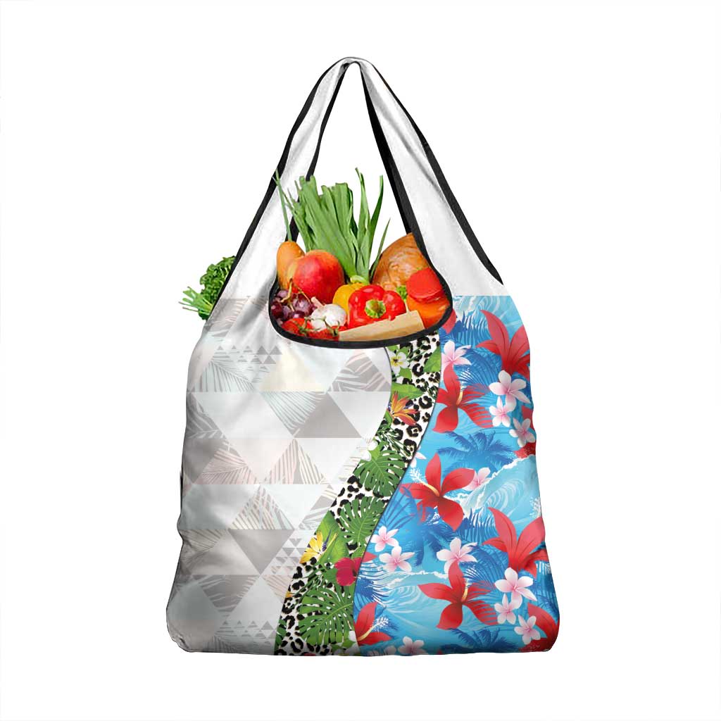 Hawaiian Tropical Flowers and Leaves Grocery Bag on Leopard Pattern Half Style White-Blue Version - Polynesian Pride