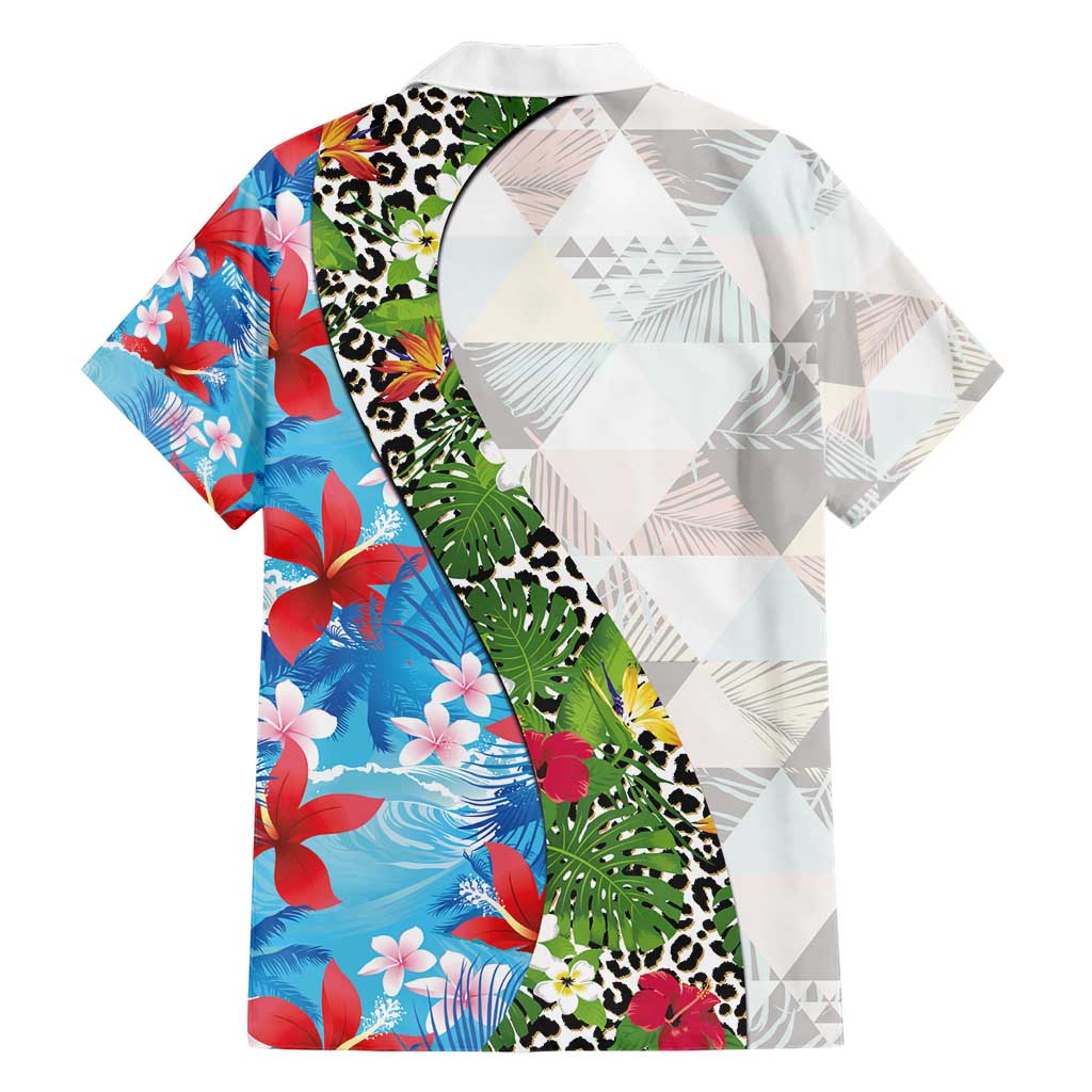 Hawaiian Tropical Flowers and Leaves Hawaiian Shirt on Leopard Pattern Half Style White-Blue Version - Polynesian Pride