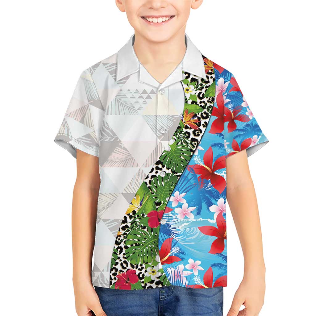 Hawaiian Tropical Flowers and Leaves Hawaiian Shirt on Leopard Pattern Half Style White-Blue Version - Polynesian Pride