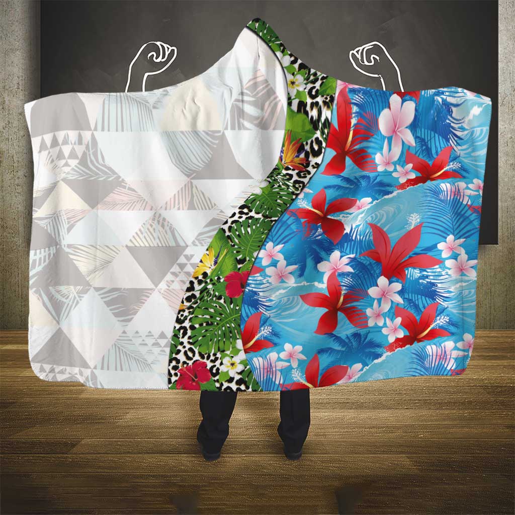 Hawaiian Tropical Flowers and Leaves Hooded Blanket on Leopard Pattern Half Style White-Blue Version - Polynesian Pride