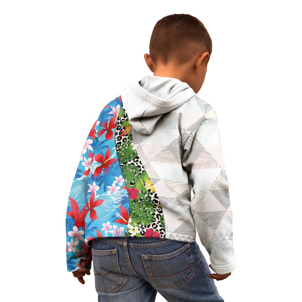Hawaiian Tropical Flowers and Leaves Kid Hoodie on Leopard Pattern Half Style White-Blue Version - Polynesian Pride