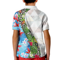 Hawaiian Tropical Flowers and Leaves Kid Polo Shirt on Leopard Pattern Half Style White-Blue Version - Polynesian Pride