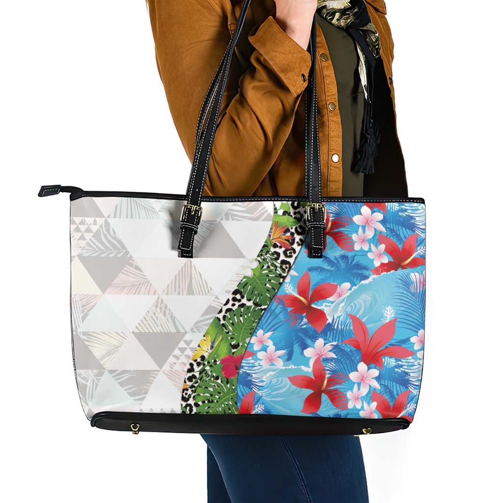 Hawaiian Tropical Flowers and Leaves Leather Tote Bag on Leopard Pattern Half Style White-Blue Version - Polynesian Pride