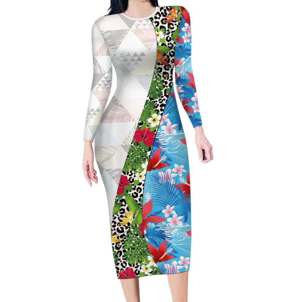 Hawaiian Tropical Flowers and Leaves Long Sleeve Bodycon Dress on Leopard Pattern Half Style White-Blue Version - Polynesian Pride