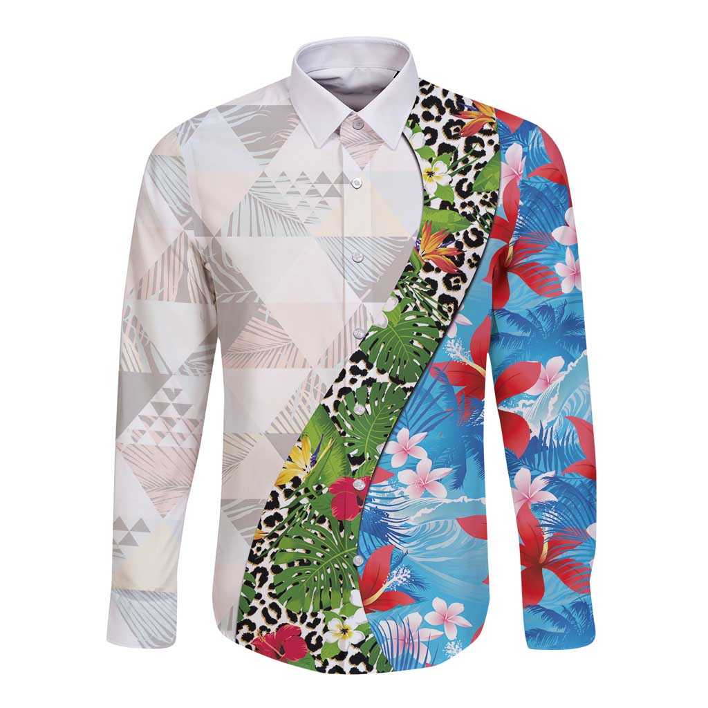 Hawaiian Tropical Flowers and Leaves Long Sleeve Button Shirt on Leopard Pattern Half Style White-Blue Version - Polynesian Pride