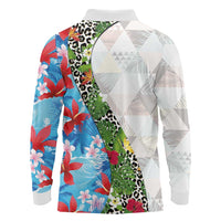 Hawaiian Tropical Flowers and Leaves Long Sleeve Polo Shirt on Leopard Pattern Half Style White-Blue Version - Polynesian Pride