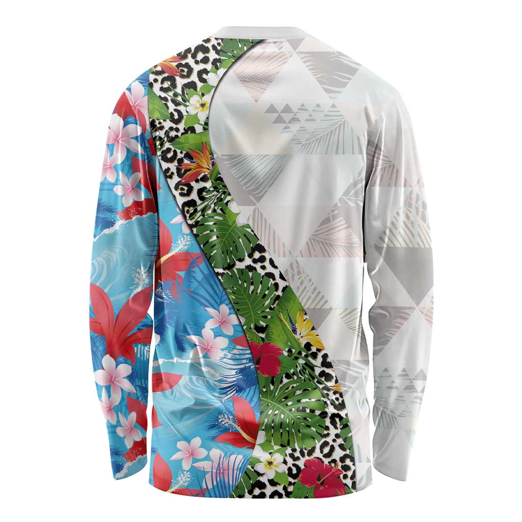 Hawaiian Tropical Flowers and Leaves Long Sleeve Shirt on Leopard Pattern Half Style White-Blue Version - Polynesian Pride
