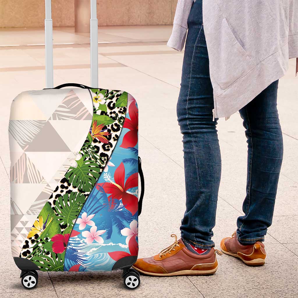 Hawaiian Tropical Flowers and Leaves Luggage Cover on Leopard Pattern Half Style White-Blue Version - Polynesian Pride