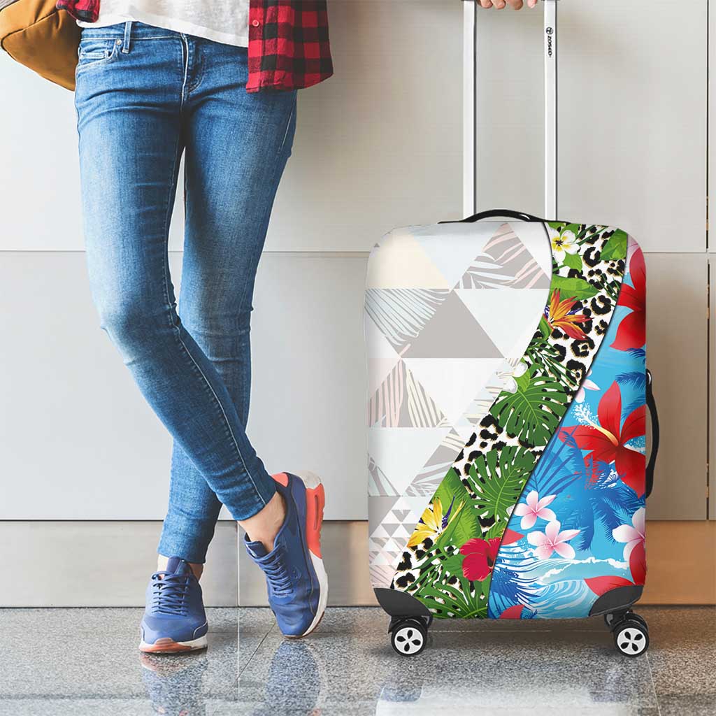 Hawaiian Tropical Flowers and Leaves Luggage Cover on Leopard Pattern Half Style White-Blue Version - Polynesian Pride