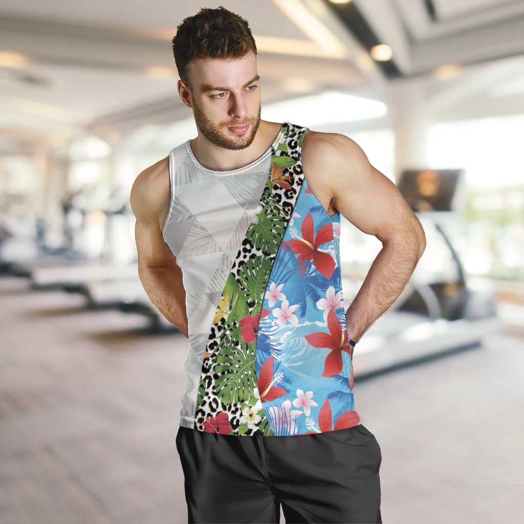 Hawaiian Tropical Flowers and Leaves Men Tank Top on Leopard Pattern Half Style White-Blue Version - Polynesian Pride