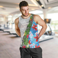 Hawaiian Tropical Flowers and Leaves Men Tank Top on Leopard Pattern Half Style White-Blue Version - Polynesian Pride