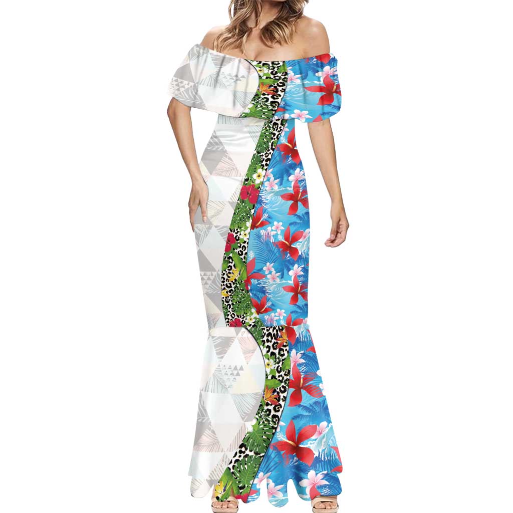 Hawaiian Tropical Flowers and Leaves Mermaid Dress on Leopard Pattern Half Style White-Blue Version - Polynesian Pride