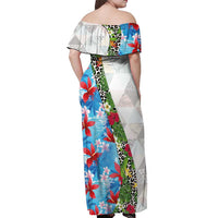 Hawaiian Tropical Flowers and Leaves Off Shoulder Maxi Dress on Leopard Pattern Half Style White-Blue Version - Polynesian Pride