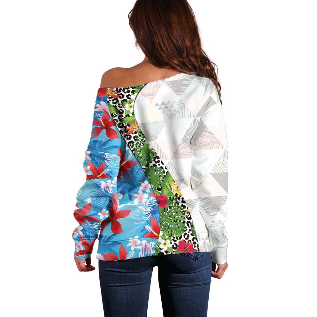 Hawaiian Tropical Flowers and Leaves Off Shoulder Sweater on Leopard Pattern Half Style White-Blue Version - Polynesian Pride