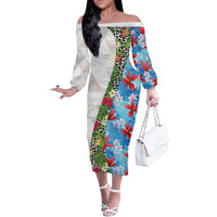 Hawaiian Tropical Flowers and Leaves Off The Shoulder Long Sleeve Dress on Leopard Pattern Half Style White-Blue Version - Polynesian Pride