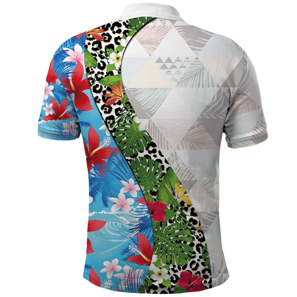 Hawaiian Tropical Flowers and Leaves Polo Shirt on Leopard Pattern Half Style White-Blue Version - Polynesian Pride