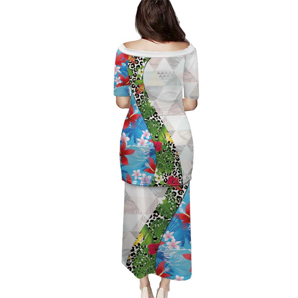 Hawaiian Tropical Flowers and Leaves Puletasi on Leopard Pattern Half Style White-Blue Version - Polynesian Pride