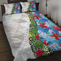 Hawaiian Tropical Flowers and Leaves Quilt Bed Set on Leopard Pattern Half Style White-Blue Version - Polynesian Pride