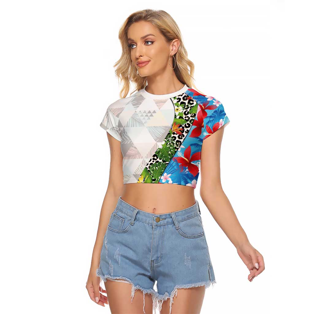 Hawaiian Tropical Flowers and Leaves Raglan Cropped T Shirt on Leopard Pattern Half Style White-Blue Version - Polynesian Pride