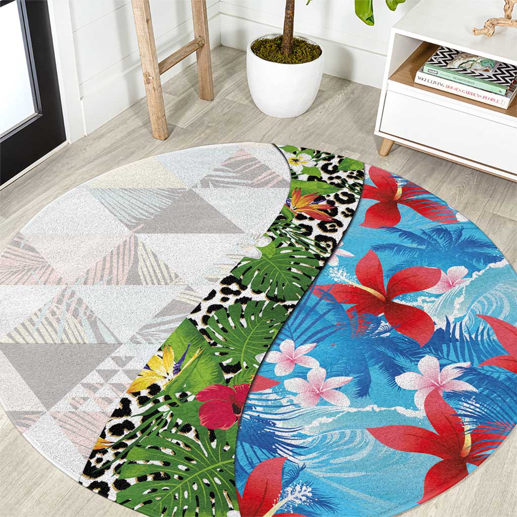 Hawaiian Tropical Flowers and Leaves Round Carpet on Leopard Pattern Half Style White-Blue Version - Polynesian Pride