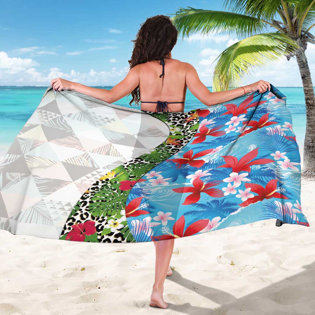 Hawaiian Tropical Flowers and Leaves Sarong on Leopard Pattern Half Style White-Blue Version - Polynesian Pride