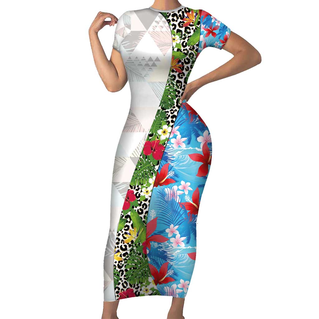 Hawaiian Tropical Flowers and Leaves Short Sleeve Bodycon Dress on Leopard Pattern Half Style White-Blue Version - Polynesian Pride