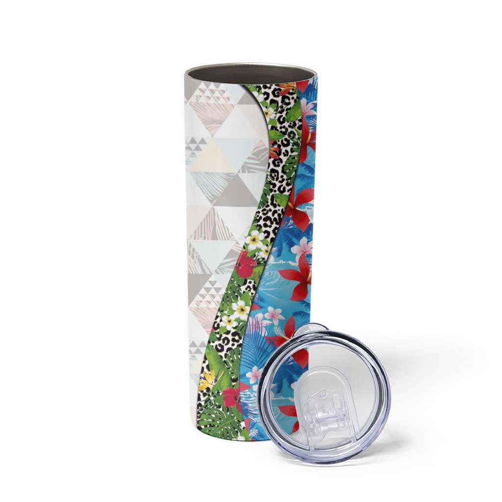 Hawaiian Tropical Flowers and Leaves Skinny Tumbler on Leopard Pattern Half Style White-Blue Version - Polynesian Pride