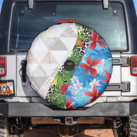 Hawaiian Tropical Flowers and Leaves Spare Tire Cover on Leopard Pattern Half Style White-Blue Version - Polynesian Pride