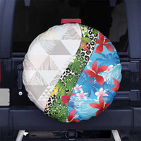 Hawaiian Tropical Flowers and Leaves Spare Tire Cover on Leopard Pattern Half Style White-Blue Version - Polynesian Pride
