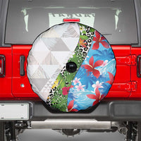 Hawaiian Tropical Flowers and Leaves Spare Tire Cover on Leopard Pattern Half Style White-Blue Version - Polynesian Pride