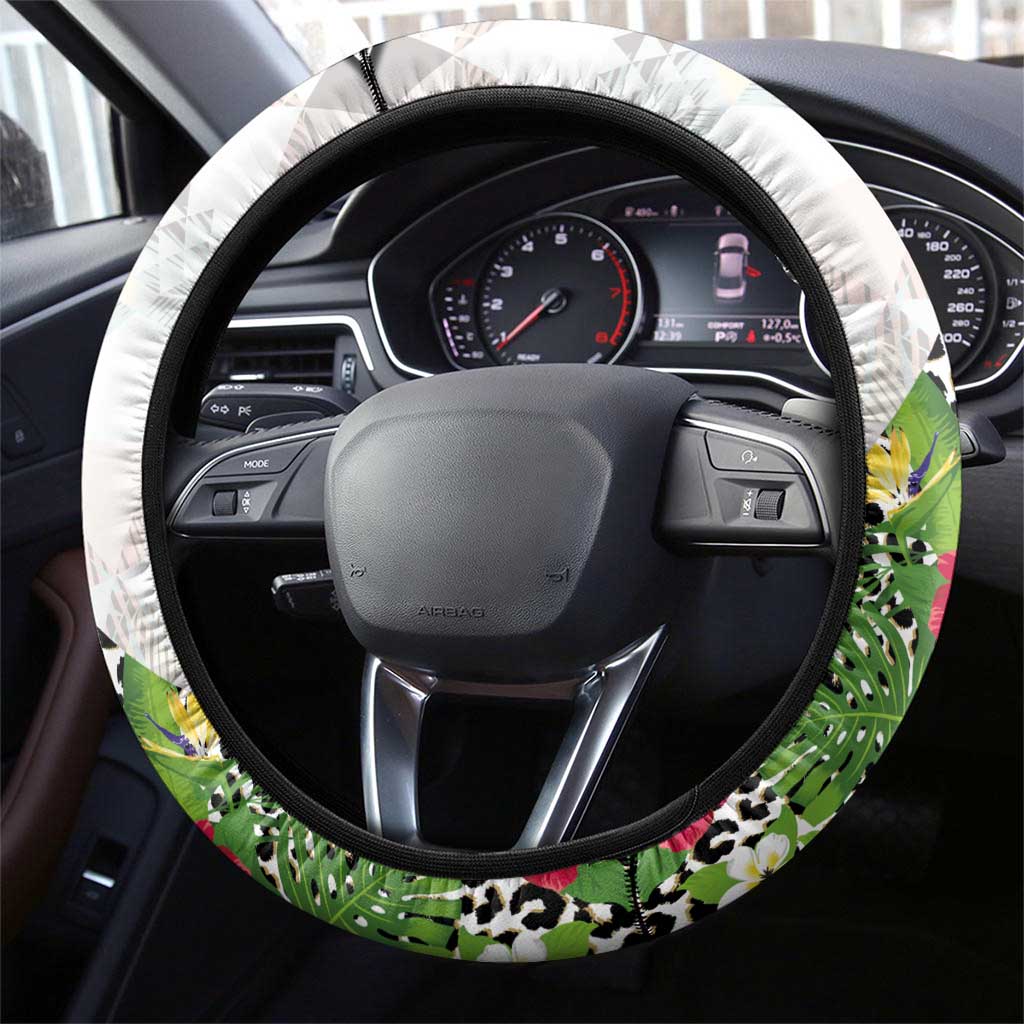 Hawaiian Tropical Flowers and Leaves Steering Wheel Cover on Leopard Pattern Half Style White-Blue Version - Polynesian Pride