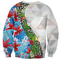 Hawaiian Tropical Flowers and Leaves Sweatshirt on Leopard Pattern Half Style White-Blue Version - Polynesian Pride