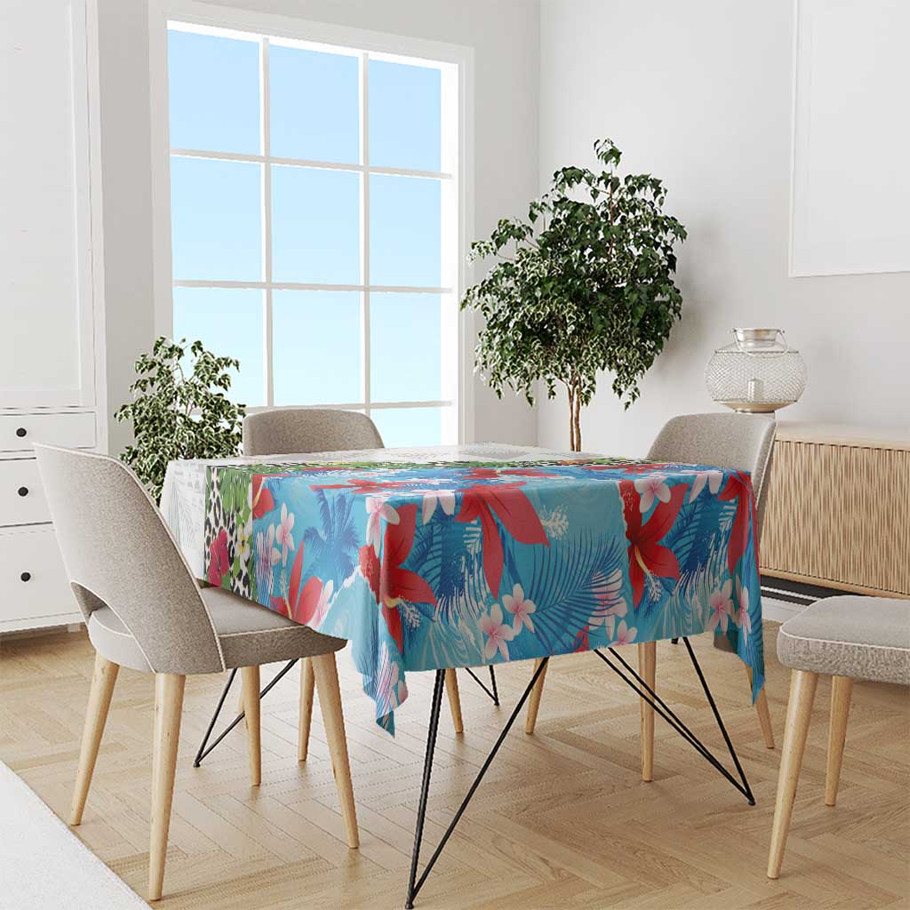 Hawaiian Tropical Flowers and Leaves Tablecloth on Leopard Pattern Half Style White-Blue Version - Polynesian Pride