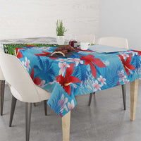 Hawaiian Tropical Flowers and Leaves Tablecloth on Leopard Pattern Half Style White-Blue Version - Polynesian Pride