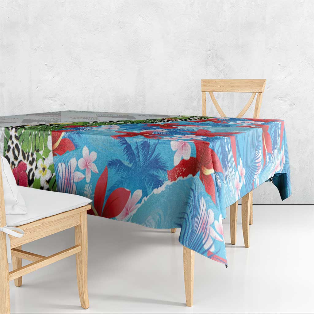 Hawaiian Tropical Flowers and Leaves Tablecloth on Leopard Pattern Half Style White-Blue Version - Polynesian Pride